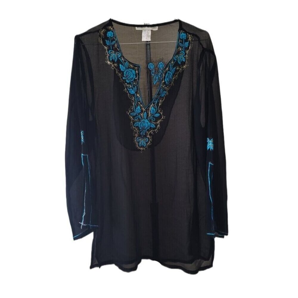 Bamboo Traders Sheer Black Blouse with Teal & Gold Embroidery